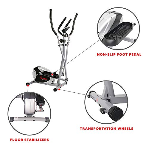 Sunny Health & Fitness SF-E905 Elliptical Machine Cross Trainer with 8 Level Resistance and Digital Monitor , Gray, White, 28 L x 17 W x 57 H