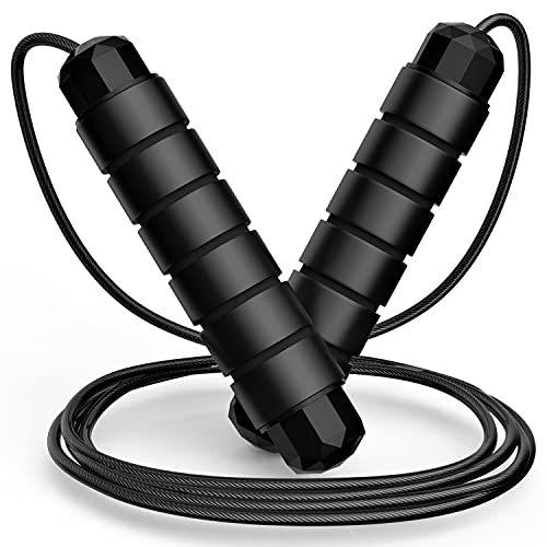 Jump Rope, Tangle-Free Rapid Speed Jumping Rope Cable with Ball Bearings for Women, Men and Kids, Adjustable Foam Handles Steel Jump Ropes for Fitness,Black,1 Pack…