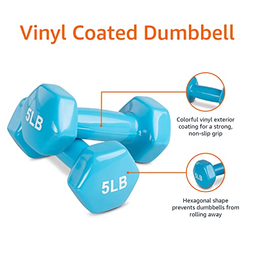 Amazon Basics Vinyl 5 Pound Dumbbells - Set of 2, Light Blue