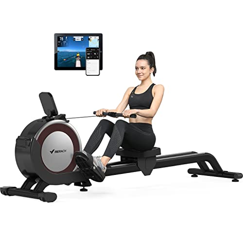 Rowing Machine, Merach Electric Magnetic Rower Machine with Dual Slide Rail, 16 Levels of Quiet Electromagnetic Resistance, Max 350lb Weight Capacity, App Compatible, Rowing Machines for Home Use,Q1