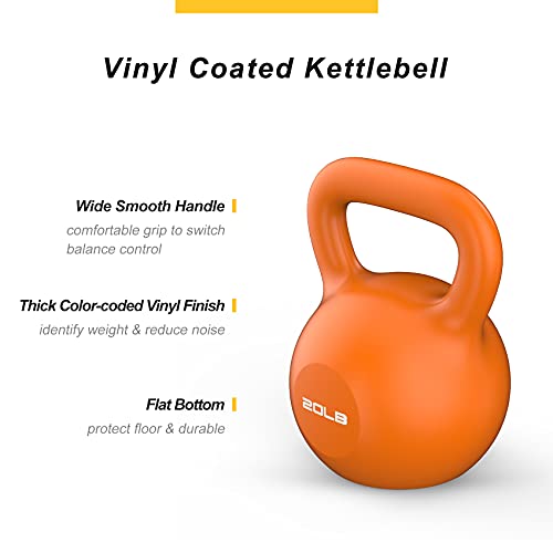 Kettlebell Vinyl Coated Kettlebells with Comfortable Grip Wide Handle & Rubber Bottom - Great for Full Body Workout and Strength Training - -Weight Available: 5, 10, 15, 20, lbs (50LB/4 set)