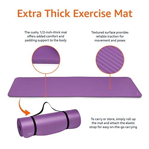 Amazon Basics Extra Thick Exercise Yoga Gym Floor Mat with Carrying Strap - 74 x 24 x .5 Inches, Purple