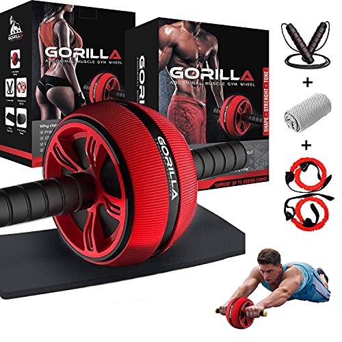 Gorilla Ab Roller Wheel 5-in-1 Ab Roller Kit with Knee Pad Resistance Bands Jump Rope Cooling Towel Best Abdominal Home Gym Equipment for Men Women Rodillo Para Abdominales Rueda Para Abdominales