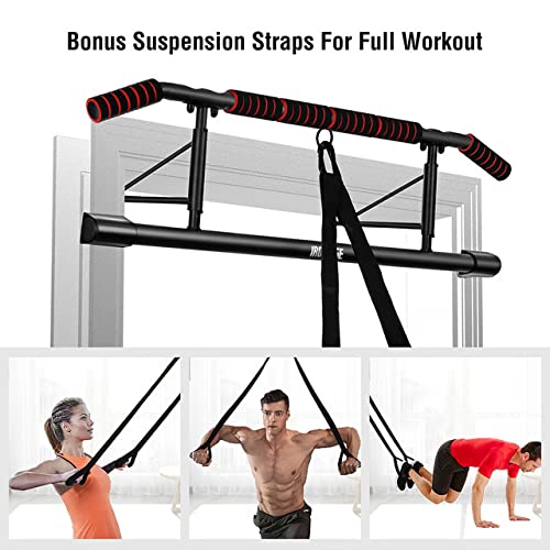Iron Age Pull Up Bar For Doorway - Angled Grip Home Gym Exercise Equipment - Pullupbar With Shortened Upper Bar and Bonus Suspension Straps(Fits Almost All Doors)
