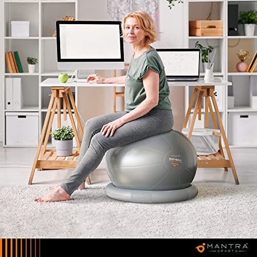 Exercise Ball Chair, Yoga Ball Chair With Resistance Bands, Stability Base & Poster. Balance Ball Chair Pilates Ball for Fitness, Gym, Physio & Home Workout Equipment - Improve Core Strength & Posture