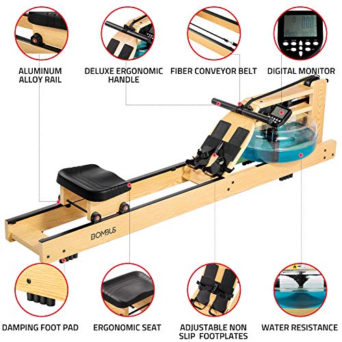 Resistance Weight Machine Rowing Machine 300 lb Weight Capacity for Home Use with LCD Screen Water Resistance Ash Wood Aluminum