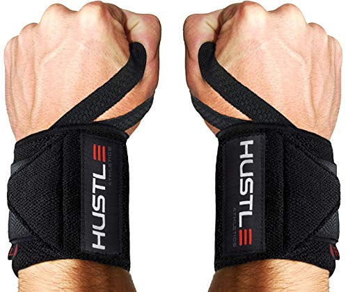Hustle Athletics Wrist Wraps Weightlifting - Best Support for Gym & Crossfit - Brace Your Wrists to Push Heavier, Avoid Injury & Improve Your Workout Instantly - for Men & Women (Black, 12")