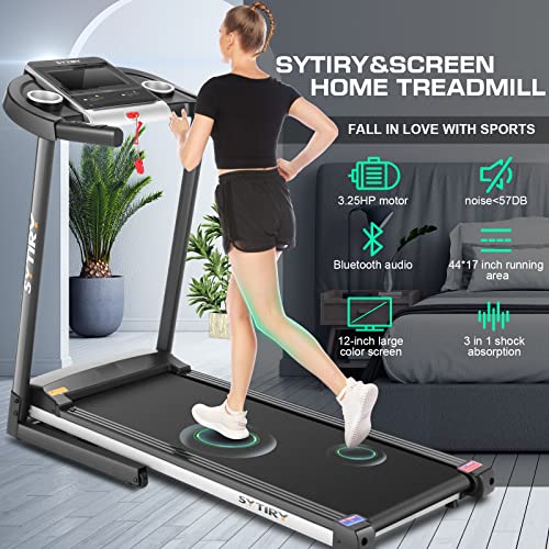 SYTIRY Treadmill for Home, 3.25 HP Folding Treadmills Machine with 10" HD TV Touchscreen and 3D Virtual Sports Scene, 300 lbs Weight Capacity Electric Portable Treadmill for Running Walking Jogging