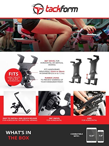 TACKFORM Universal Tablet Holder Compatible with Stationary Bicycle, Treadmill, Elliptical, Spin Bike, Microphone Stand, and Indoor Exercise Equipment - Compatible All Tablets Including iPad