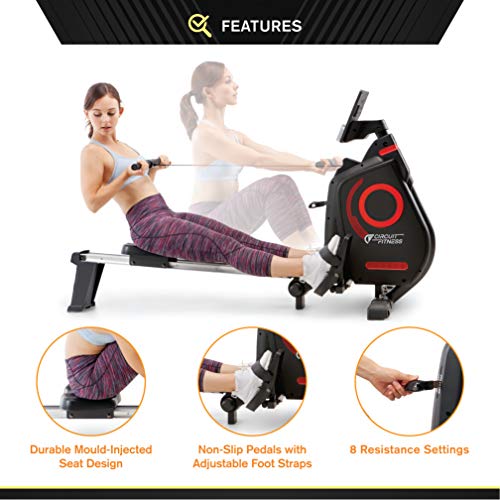 CIRCUIT FITNESS Circuit Fitness Foldable Magnetic Rowing Machine for Cardio and Body Building Exercise - Red/Bluetooth