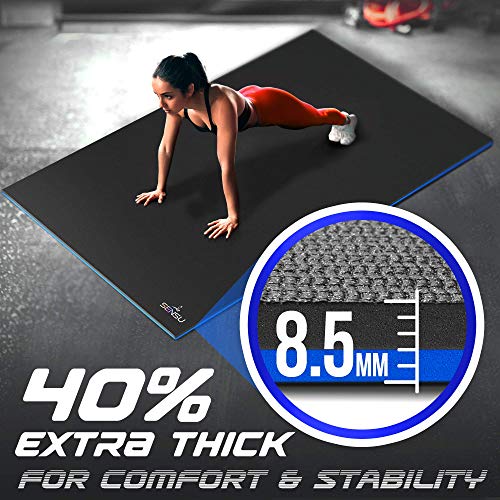 Sensu Large Exercise Mat – 6’ x 4’ x 8.5mm Extra Thick Workout Mats for Home Gym Flooring - Perfect for Jump Rope, Weights, Cardio and Fitness– Durable High Density Non-Slip Workout Mat- Shoe Friendly
