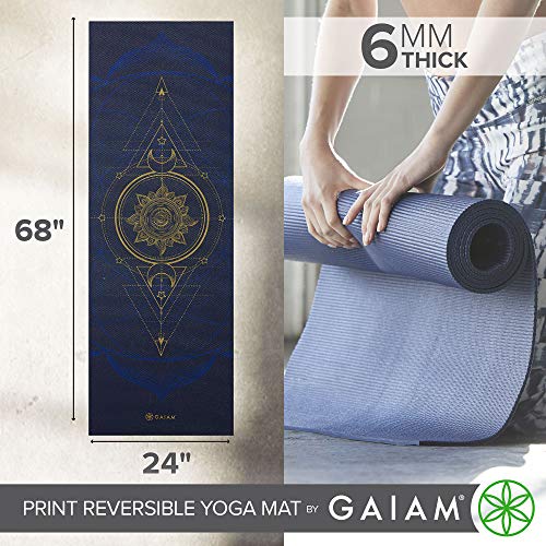Gaiam Yoga Mat Premium Print Reversible Extra Thick Non Slip Exercise & Fitness Mat for All Types of Yoga, Pilates & Floor Workouts, Metallic Sun & Moon, 6mm
