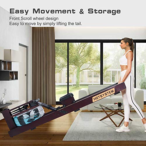 HOTSYSTEM Water Rowing Machine for Home Use, Water Adjustable Resistance Wood Rower with LED Moniter for Whole Body Exercise Indoor Cardio Training