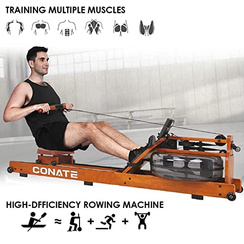CONATE Water Rowing Machine for Home Use,Walnut Wood Water Rower Water Rowing Machine for Home Use 300 Pound Load-Bearing with LCD Digital Monitor Home Gym Rowing Machine Rower Gift