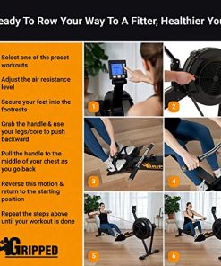 Gripped Rowing Machines for Home Use - Ultra Quiet Indoor Air Rower Machine with 10 Resistance Levels, LCD Display, Bluetooth Connectivity & Preset Workouts - Foldable, Space Saving Design - Black