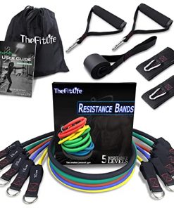 TheFitLife Exercise Resistance Bands with Handles - 5 Fitness Workout Bands Stackable up to 110 / 150 lbs, Training Tubes with Large Handles, Ankle Straps, Door Anchor Attachment, Carry Bag (110 LBS)
