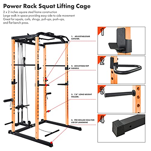 VANSWE Power Cage with LAT Pull Down Attachment, 1000-Pound Capacity Power Rack Full Home Gym Machine with Multi-Grip Pull-up Bar and Dip Handle (Upgraded Version)