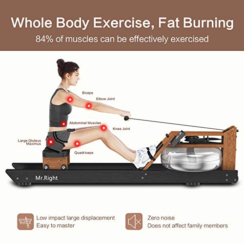 Mr. right Water Rowing Machine for Home Use,Oak Wood Water Rower with Customizable Bluetooth LCD Monitor (Rower Cover and Electric Water Pump Included) (Black&Orange)