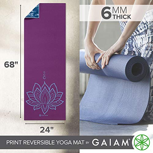 Gaiam Yoga Mat Premium Print Reversible Extra Thick Non Slip Exercise & Fitness Mat for All Types of Yoga, Pilates & Floor Workouts, Purple Lotus, 6mm
