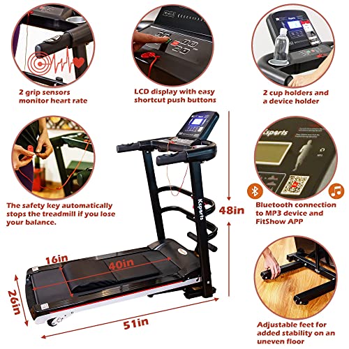 Ksports Treadmill Bundle Comprising of Electric Folding Incline Treadmill with Auto/Manual Incline Sit Ups Rack & Ab Mat, Dumb Bells for Home Office Gym Small Spaces, Running Machine with Smart APP