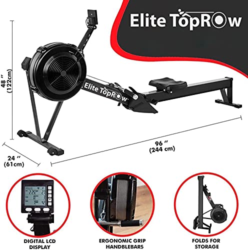 EliteTopRow Rowing Machine, Ultra-Quiet Foldable Rowing Machines for Home Use with 10 Air Resistance Levels, LCD Display, Bluetooth Connectivity, and Preset Workout Options, Alloy Steel, Black