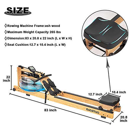 Max4out Water Rowing Machine, High-End Ash Wood Water Resistance Wooden Rower with LCD Monitor Row Machine for Home Fitness Workout, 265 LB Weight Capacity