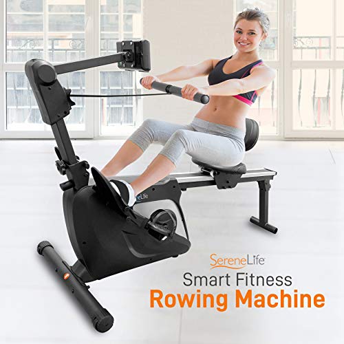 SereneLife 2-in-1 Rowing Machine & Bike - 8 Magnetic Resistance Levels, 264lbs Capacity - Foldable & Portable Cardio Fitness Trainer with LCD Monitor - Promotes Weight Loss, Strength, Stamina Building