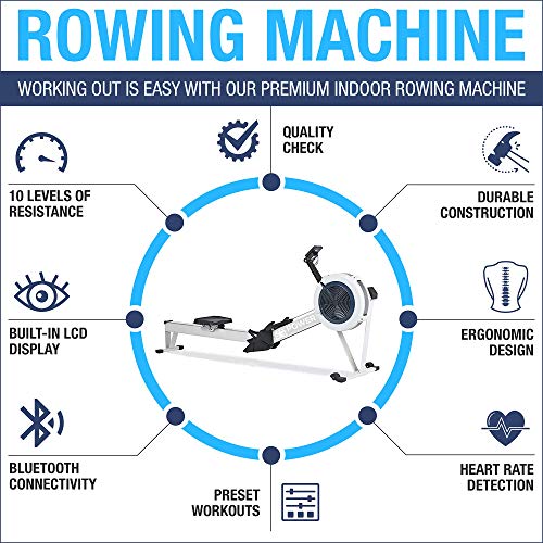 PowerBoostConcept Rowing Machine, Foldable Rower for Home Gym, 10 Levels Air Resistance, LCD Display & Bluetooth Connectivity, Preset Workouts