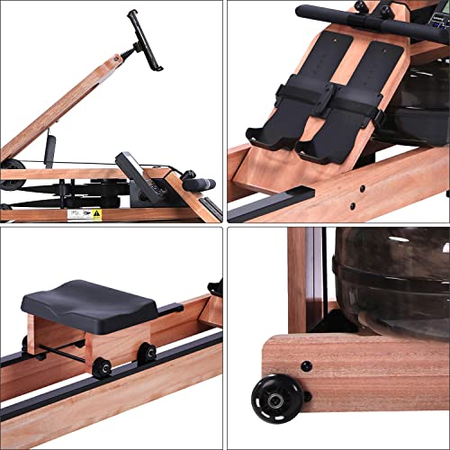 BATTIFE Water Rowing Machine with A Phone Holder, Solid Red Walnut Rower for Home Gym Use with Bluetooth Monitor, Training Indoor