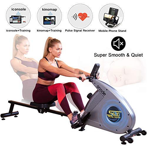 SNODE Magnetic Rowing Machine Compatible with Kinomap, Foldable Rower Machine Home Use with 12 Level Adjustable, LCD Monitor and Bottle Holder - 250LB Max Weight