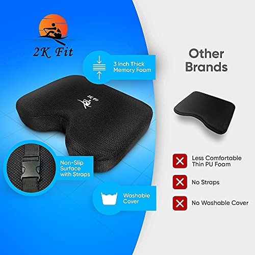 2K Fit Rowing Machine Seat Cushion (Model 2) for The Concept 2 Rowing Machine with Custom Memory Foam, Washable Cover, and Straps- Concept 2 Rower, Recumbent Stationary Bike, WatterRower Seat Pad