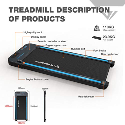 Treadmill for Home,Under Desk Treadmill Portable Walking Pad,440W Motor,Bluetooth Built-in Speakers, Adjustable Speed, LCD Screen & Calorie Counter, Ultra Thin and Silent, Intended for Home/Office