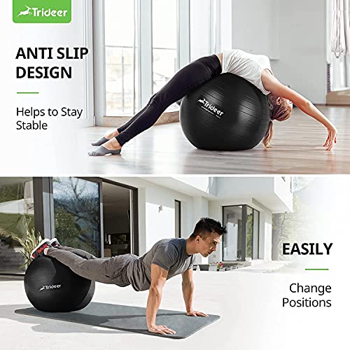 Trideer Extra Thick Yoga Ball Exercise Ball, 5 Sizes Ball Chair, Heavy Duty Swiss Ball for Balance, Stability, Pregnancy, Physical Therapy, Quick Pump Included (Black, L (58-65cm))