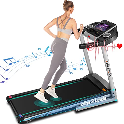 SYTIRY Treadmill with Screen,Treadmills for Home with 10" HD tv Touchscreen&WiFi Connection,3.25hp Motor,Folding Exercise Equipment Machine with Workout Program,Hydraulic Drop