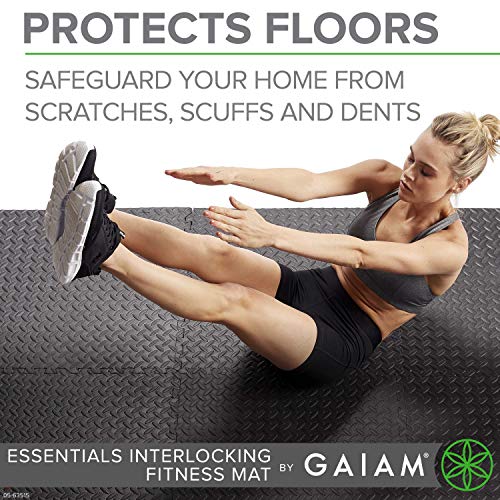 Gaiam Essentials Interlocking Exercise Mat, Square Puzzle Foam Tiles Home Gym Fitness Mat Workout Flooring, Multi-Purpose Use in Garage, Basement, Kids/Baby Play Areas, 23.5" x 23.5" x 0.48" Thick