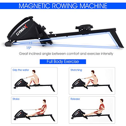 Goplus Magnetic Rowing Machine, Foldable Rower with 10-Level Tension Resistance System, LCD Monitor, Transport Wheels, Full Body Exercise for Home Use (Black)