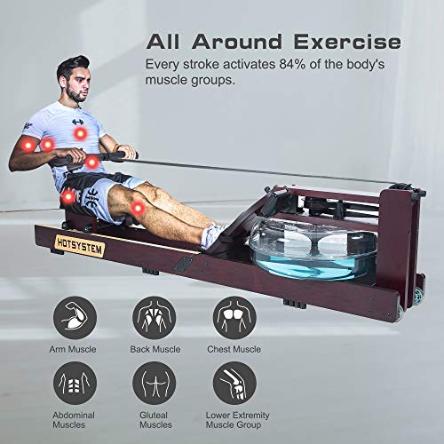 HOTSYSTEM Water Rowing Machine for Home Use, Water Adjustable Resistance Wood Rower with LED Moniter for Whole Body Exercise Indoor Cardio Training
