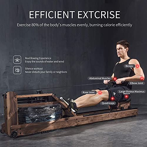 BATTIFE Water Rowing Machine with Bluetooth Monitor for Home Gyms Fitness Indoor Use, Solid Black Walnut Wood Rower 350lb Weight Capacity with a Dust Cover and Electric Pump