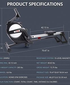 Dripex Magnetic Rowing Machine for Home Use, Super Silent Indoor Rower with 15-Level Adjustable Resistance, Double Aluminum Sliding Rail, LCD Monitor Fit for Home Gym, Cardio & Strength Training