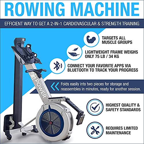 PowerBoostConcept Rowing Machine, Foldable Rower for Home Gym, 10 Levels Air Resistance, LCD Display & Bluetooth Connectivity, Preset Workouts