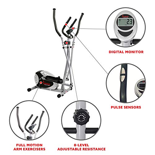 Sunny Health & Fitness SF-E905 Elliptical Machine Cross Trainer with 8 Level Resistance and Digital Monitor , Gray, White, 28 L x 17 W x 57 H