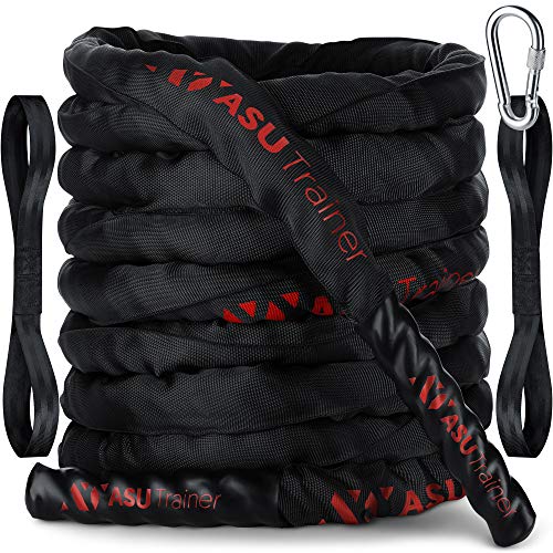 ASU Trainer Poly Dacron Weighted Battle Rope – Indoor/Outdoor Heavy Rope with Sleeve, Heat-Shrink Handles, & Anchor Kit – Boxing/Fitness/Exercise Equipment for Home Gym, 1.5 in. Dia, 30 Ft.