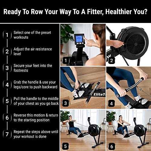 EliteTopRow Rowing Machine, Ultra-Quiet Foldable Rowing Machines for Home Use with 10 Air Resistance Levels, LCD Display, Bluetooth Connectivity, and Preset Workout Options, Alloy Steel, Black